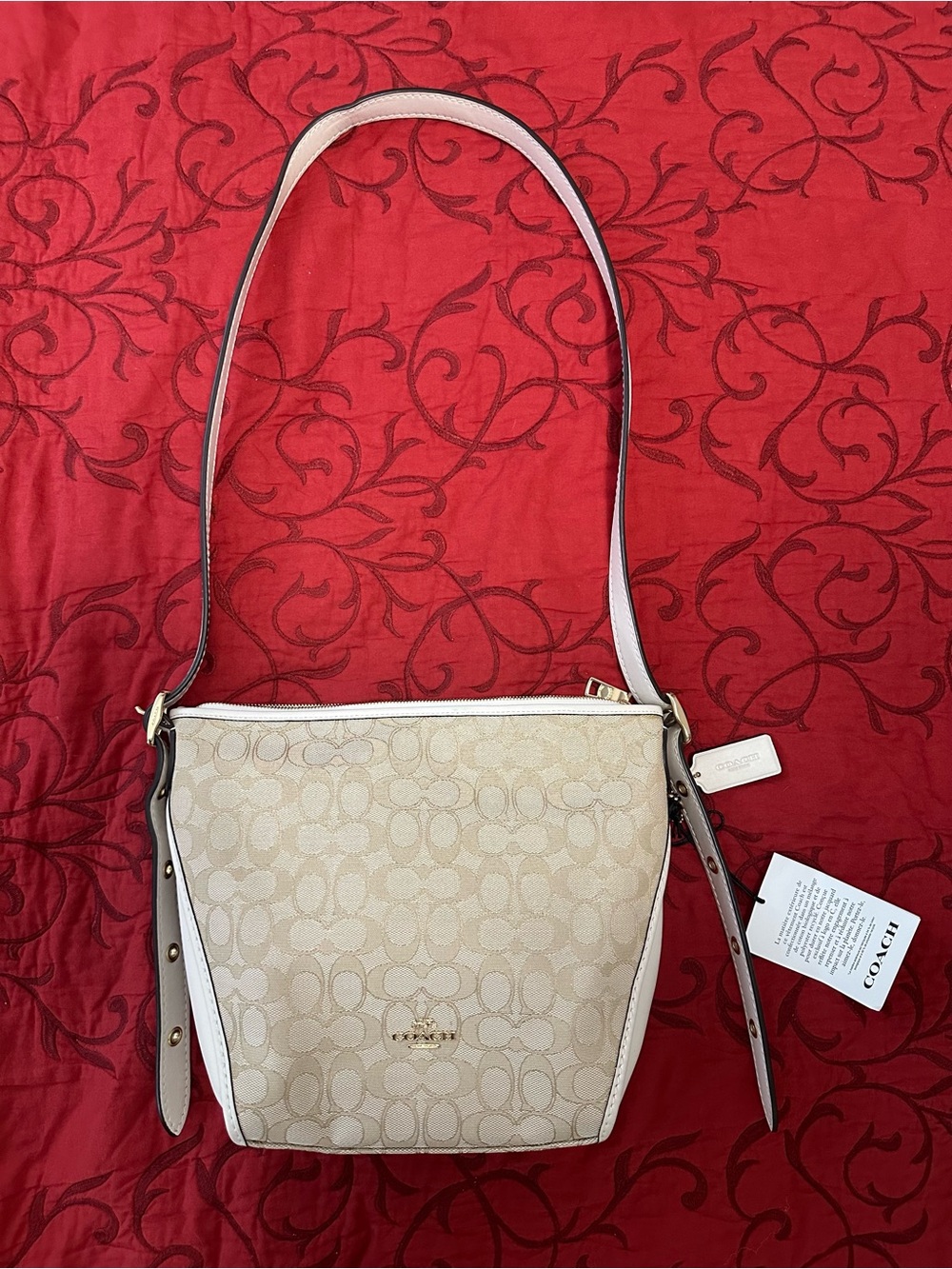 Coach Beige Signature Canvas Shoulder Bag with Cream Trim